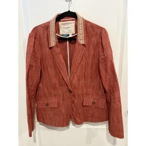 Cartonnier Anthropologie Jacket Women's Size 12 Burnt Orange Aztec Trim Pockets